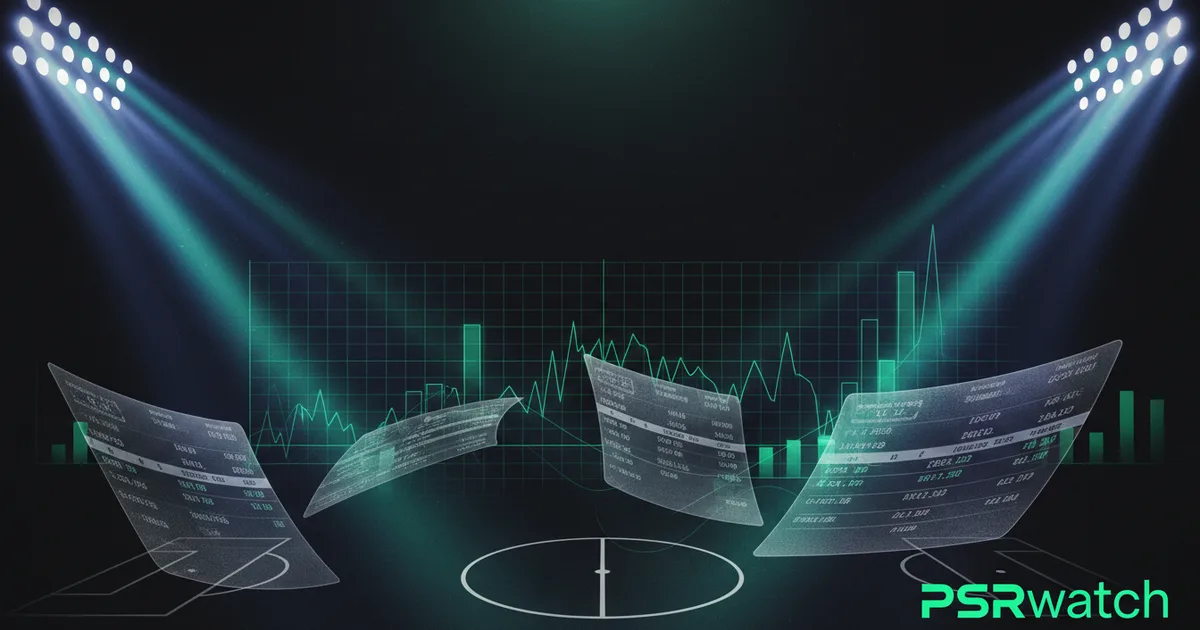 Abstract football-finance illustration in emerald green and black, mixing stadium, pitch and balance-sheet motifs, used as the hero image for the PSRwatch article "Donyell Malen leaves Aston Villa: what the £21m sale does to their squad-cost room".