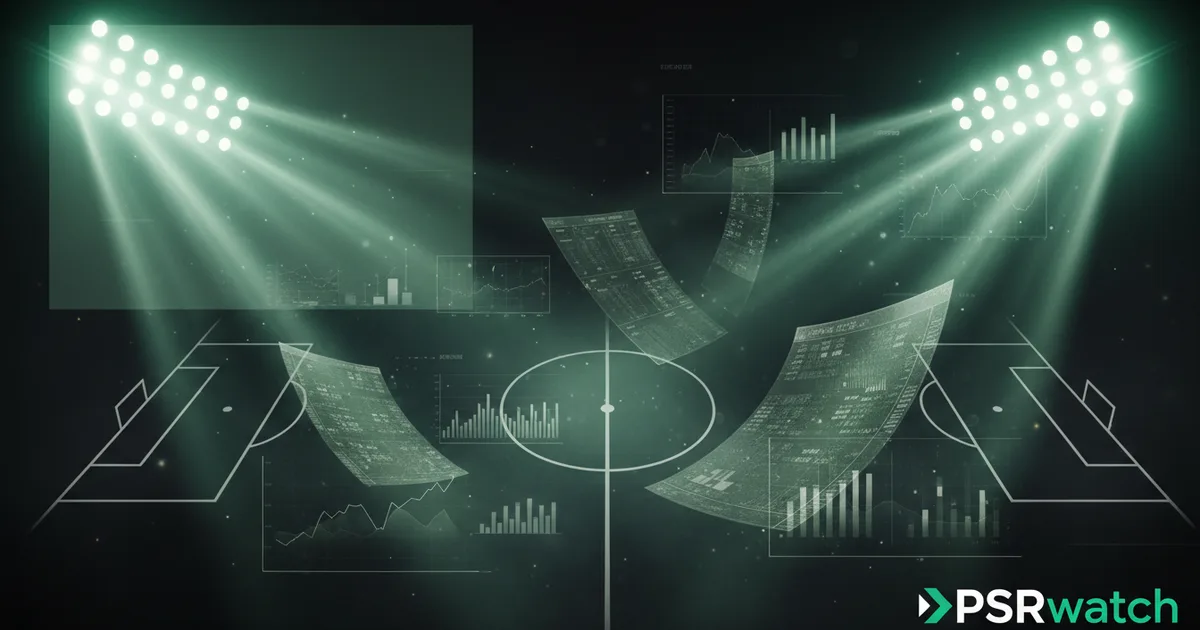 Abstract football-finance illustration in emerald green and black, mixing stadium, pitch and balance-sheet motifs, used as the hero image for the PSRwatch article "Everton accounts explained: what the 2024/25 filing really says".