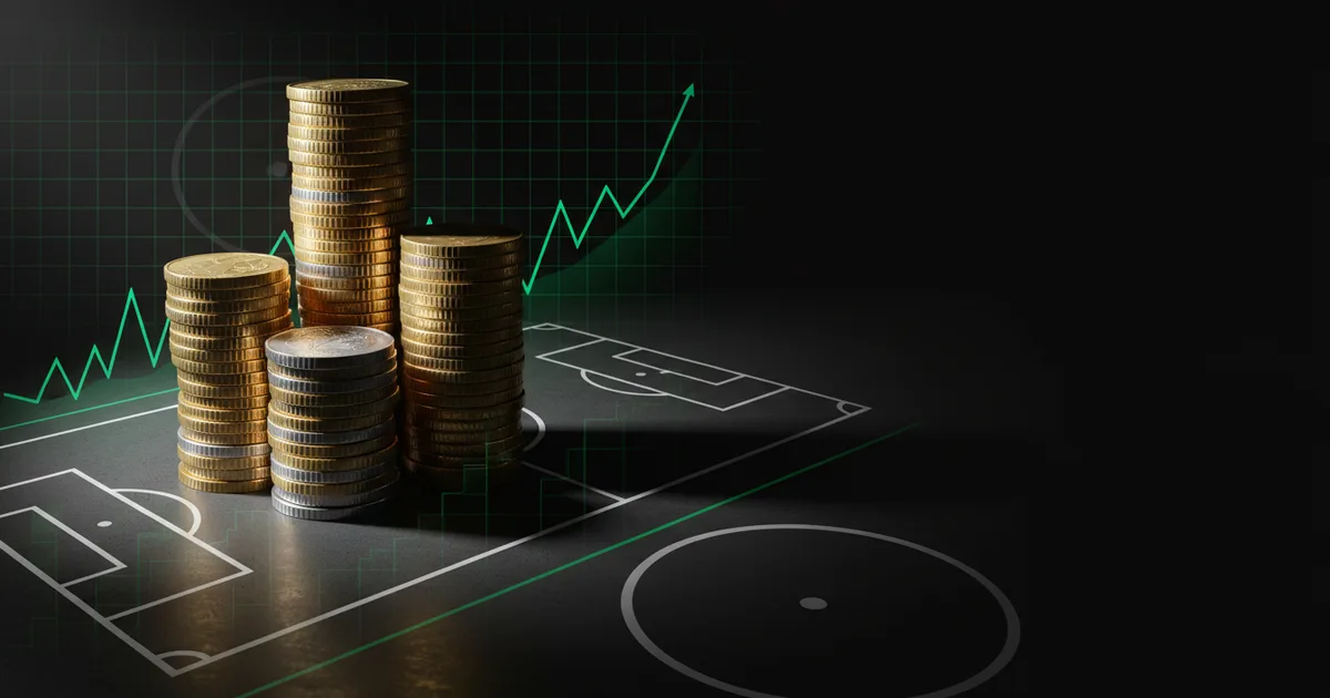 Abstract football-finance illustration in emerald green and black, mixing stadium, pitch and balance-sheet motifs, used as the hero image for the PSRwatch article "Ezri Konsa to Arsenal: what the £50.1m move does to their squad-cost room".