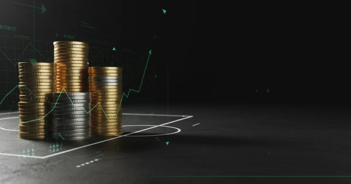 Abstract football-finance illustration in emerald green and black, mixing stadium, pitch and balance-sheet motifs, used as the hero image for the PSRwatch article "Fulham accounts explained: what the 2024/25 filing really says".