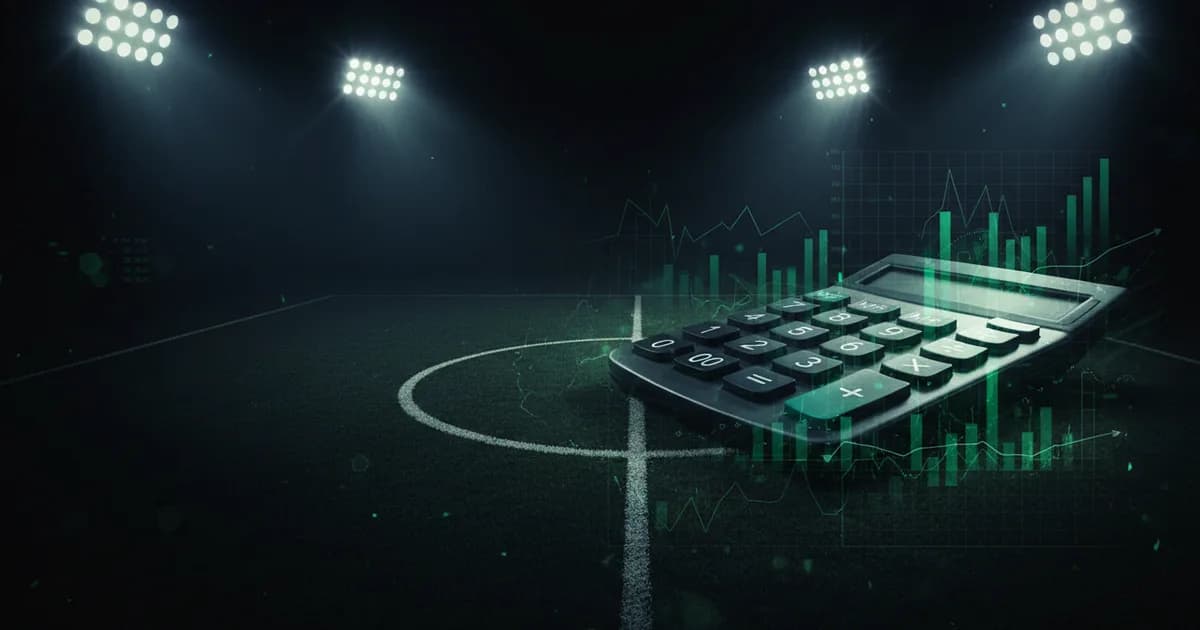 Abstract football-finance illustration in emerald green and black, mixing stadium, pitch and balance-sheet motifs, used as the hero image for the PSRwatch article "Fulham's summer 2026 transfer window: what happened and what it did to their squad-cost position".