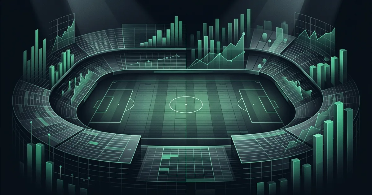 Abstract football-finance illustration in emerald green and black, mixing stadium, pitch and balance-sheet motifs, used as the hero image for the PSRwatch article "How do loan fees and loan wages affect PSR and squad cost?".