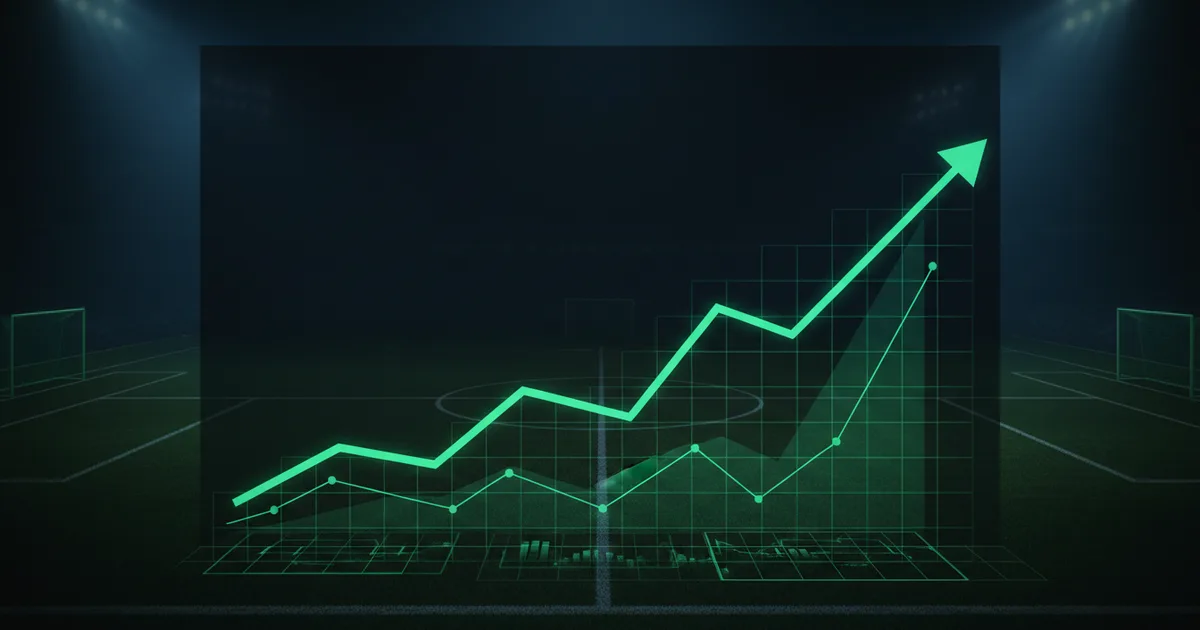 Abstract football-finance illustration in emerald green and black, mixing stadium, pitch and balance-sheet motifs, used as the hero image for the PSRwatch article "Hull City's summer 2026 transfer window: what happened and what it did to their squad-cost position".