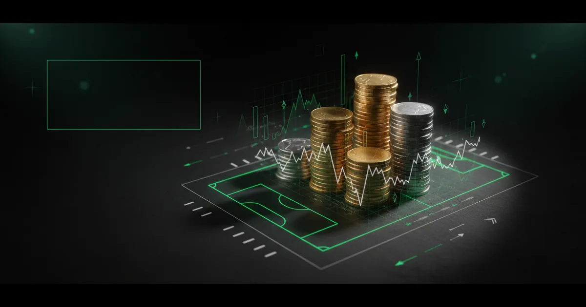 Abstract football-finance illustration in emerald green and black, mixing stadium, pitch and balance-sheet motifs, used as the hero image for the PSRwatch article "Ibrahim Mbaye to Aston Villa: what the £46.2m move does to their squad-cost room".