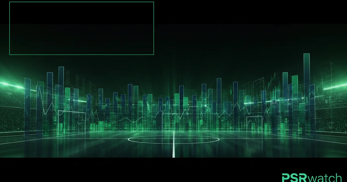 Abstract football-finance illustration in emerald green and black, mixing stadium, pitch and balance-sheet motifs, used as the hero image for the PSRwatch article "Iliman Ndiaye to Manchester City: what the £58.8m move does to their squad-cost room".