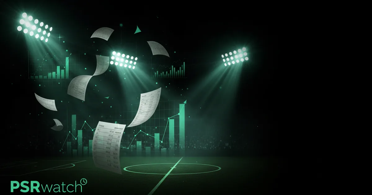 Abstract football-finance illustration in emerald green and black, mixing stadium, pitch and balance-sheet motifs, used as the hero image for the PSRwatch article "Ipswich Town accounts explained: what the 2024/25 filing really says".