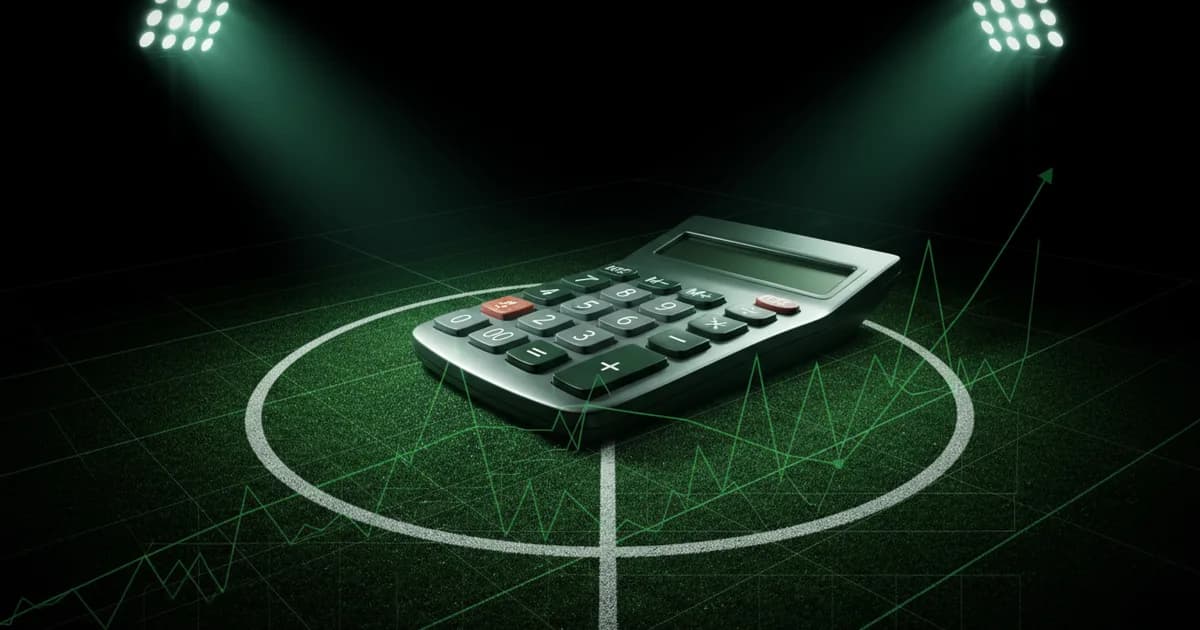 Abstract football-finance illustration in emerald green and black, mixing stadium, pitch and balance-sheet motifs, used as the hero image for the PSRwatch article "Ipswich Town's summer 2026 transfer window: what happened and what it did to their squad-cost position".