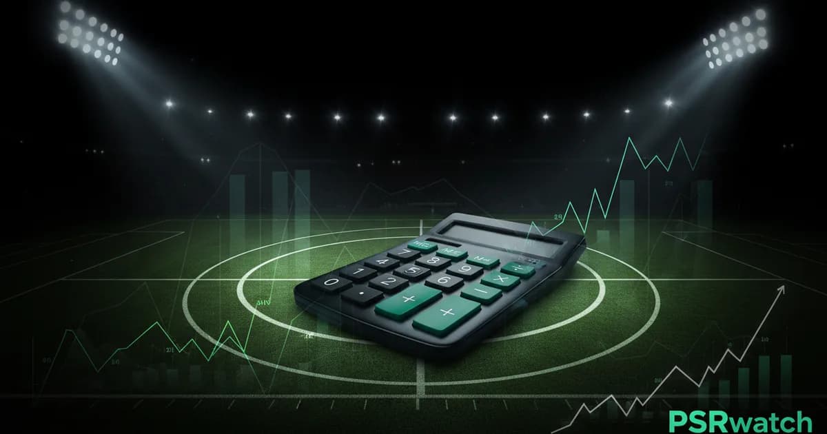 Abstract football-finance illustration in emerald green and black, mixing stadium, pitch and balance-sheet motifs, used as the hero image for the PSRwatch article "Julio Enciso to Ipswich Town: what the £25.6m move does to their squad-cost room".