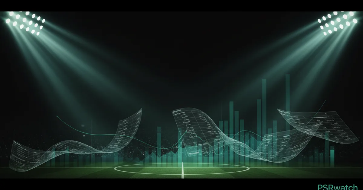 Abstract football-finance illustration in emerald green and black, mixing stadium, pitch and balance-sheet motifs, used as the hero image for the PSRwatch article "Leeds United accounts explained: what the 2024/25 filing really says".