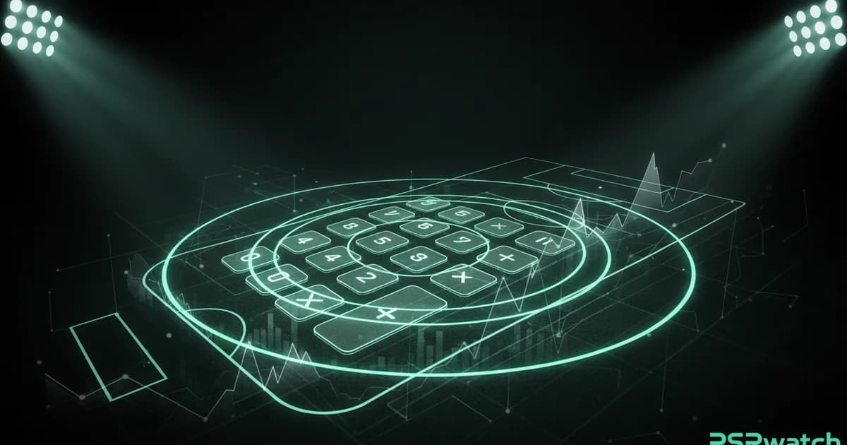 Abstract football-finance illustration in emerald green and black, mixing stadium, pitch and balance-sheet motifs, used as the hero image for the PSRwatch article "Lukas Hornicek to Newcastle United: what the £25.7m move does to their squad-cost room".