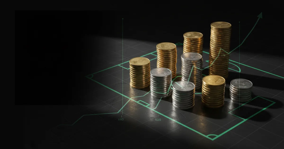 Abstract football-finance illustration in emerald green and black, mixing stadium, pitch and balance-sheet motifs, used as the hero image for the PSRwatch article "Mamadou Sangaré to Brentford: what the £40.3m move does to their squad-cost room".