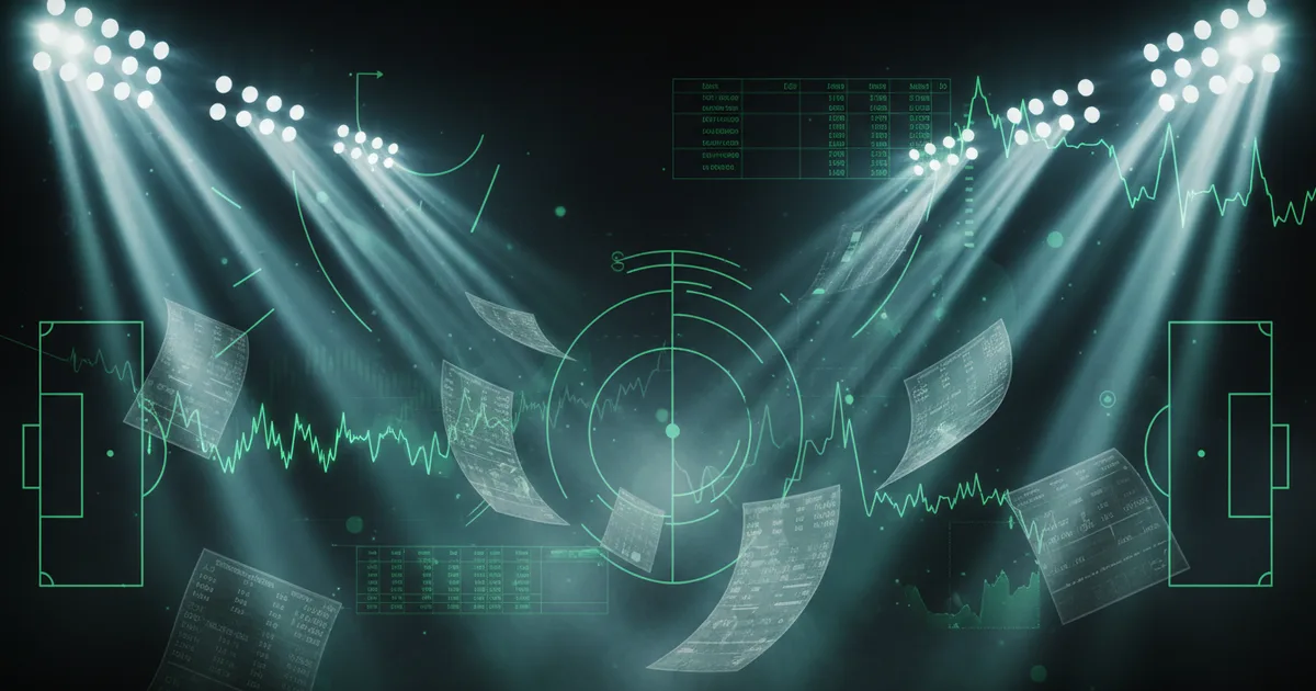 Abstract football-finance illustration in emerald green and black, mixing stadium, pitch and balance-sheet motifs, used as the hero image for the PSRwatch article "Manchester City's summer 2026 transfer window: what happened and what it did to their squad-cost position".