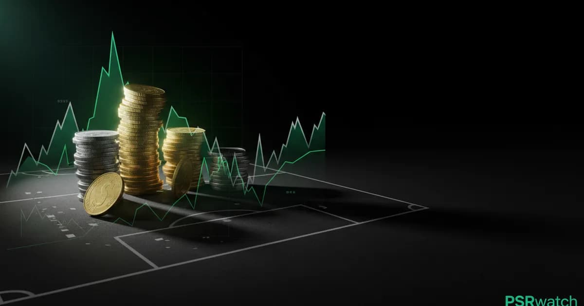 Abstract football-finance illustration in emerald green and black, mixing stadium, pitch and balance-sheet motifs, used as the hero image for the PSRwatch article "Manchester United's summer 2026 transfer window: what happened and what it did to their squad-cost position".
