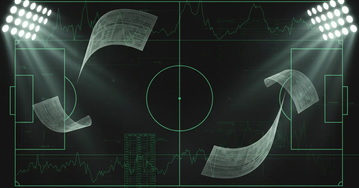 Abstract football-finance illustration in emerald green and black, mixing stadium, pitch and balance-sheet motifs, used as the hero image for the PSRwatch article "Nicolas Jackson to Aston Villa: what the £46.6m move does to their squad-cost room".