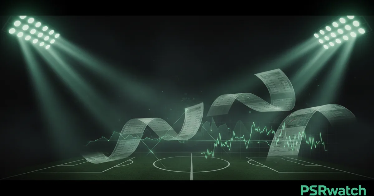 Abstract football-finance illustration in emerald green and black, mixing stadium, pitch and balance-sheet motifs, used as the hero image for the PSRwatch article "Nottingham Forest's summer 2026 transfer window: what happened and what it did to their squad-cost position".