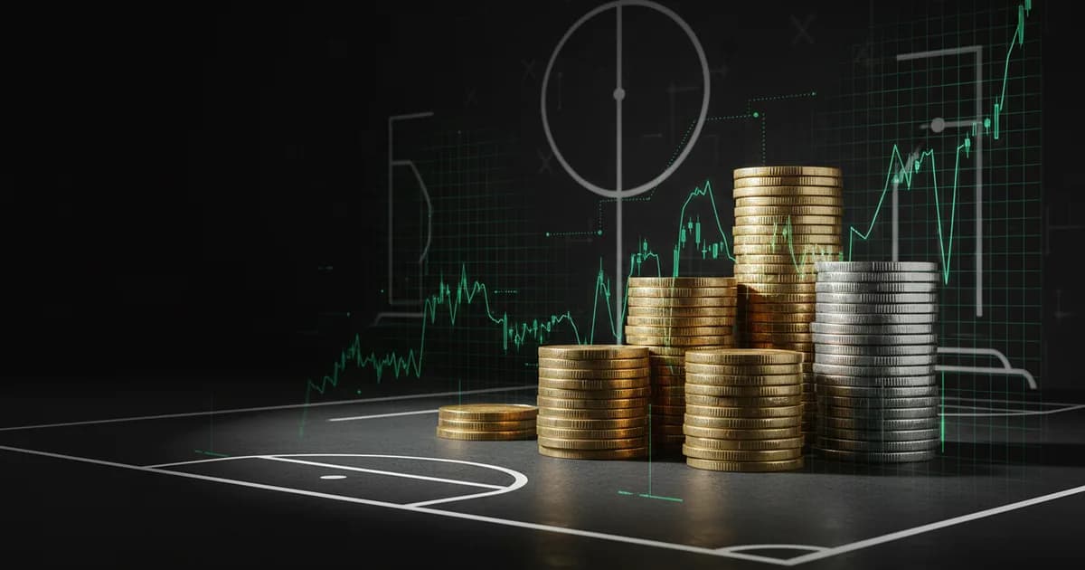 Abstract football-finance illustration in emerald green and black, mixing stadium, pitch and balance-sheet motifs, used as the hero image for the PSRwatch article "Ollie Watkins leaves Aston Villa: what the £49.1m sale does to their squad-cost room".