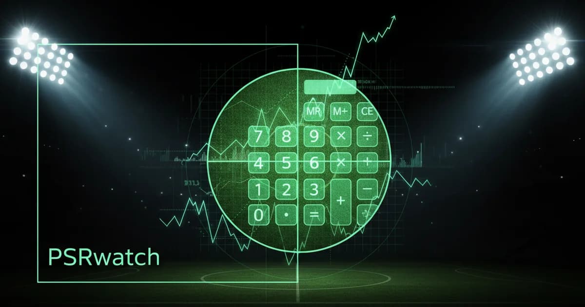 Abstract football-finance illustration in emerald green and black, mixing stadium, pitch and balance-sheet motifs, used as the hero image for the PSRwatch article "Rasmus Højlund leaves Manchester United: what the £37m sale does to their squad-cost room".