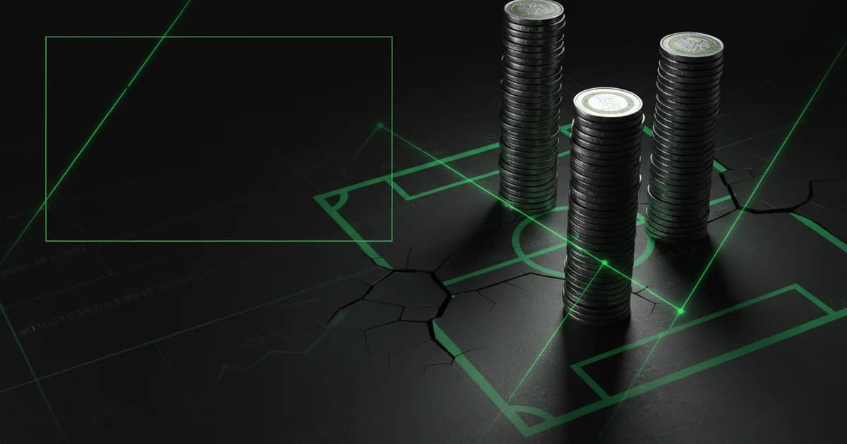 Abstract football-finance illustration in emerald green and black, mixing stadium, pitch and balance-sheet motifs, used as the hero image for the PSRwatch article "Sunderland's summer 2026 transfer window: what happened and what it did to their squad-cost position".