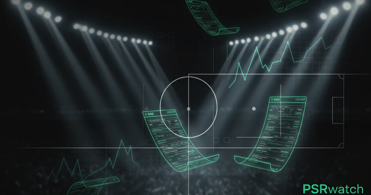 Abstract football-finance illustration in emerald green and black, mixing stadium, pitch and balance-sheet motifs, used as the hero image for the PSRwatch article "Tottenham Hotspur's summer 2026 transfer window: what happened and what it did to their squad-cost position".