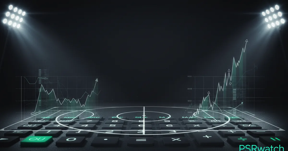 Abstract football-finance illustration in emerald green and black, mixing stadium, pitch and balance-sheet motifs, used as the hero image for the PSRwatch article "Víctor Muñoz to Liverpool: what the £33.6m move does to their squad-cost room".