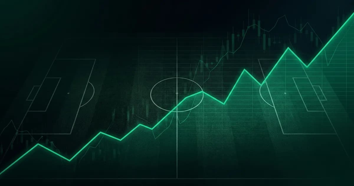 Abstract football-finance illustration in emerald green and black, mixing stadium, pitch and balance-sheet motifs, used as the hero image for the PSRwatch article "What is the Premier League squad-cost rule? The 85% and 115% lines explained".
