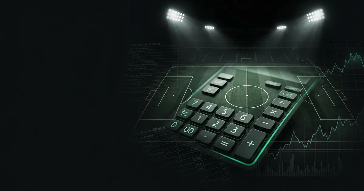 Abstract football-finance illustration in emerald green and black, mixing stadium, pitch and balance-sheet motifs, used as the hero image for the PSRwatch article "Why academy sales help PSR: pure profit, explained simply".