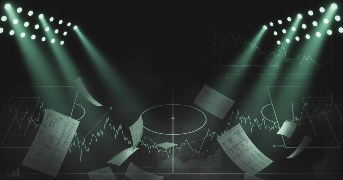 Abstract football-finance illustration in emerald green and black, mixing stadium, pitch and balance-sheet motifs, used as the hero image for the PSRwatch article "Youri Tielemans to Manchester United: what the £34.4m move does to their squad-cost room".