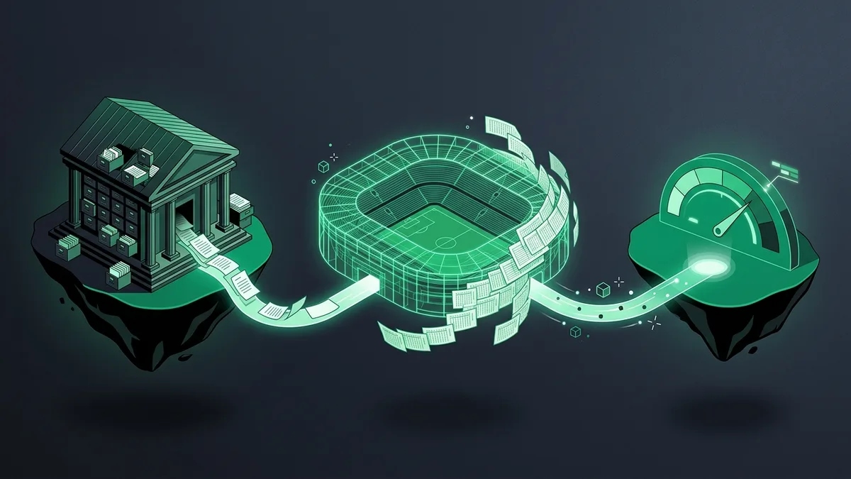 Three floating islands - a filing archive, a wireframe stadium built from ledger paper, and a dashboard gauge - linked by light, showing accounts flowing into PSRwatch estimates.