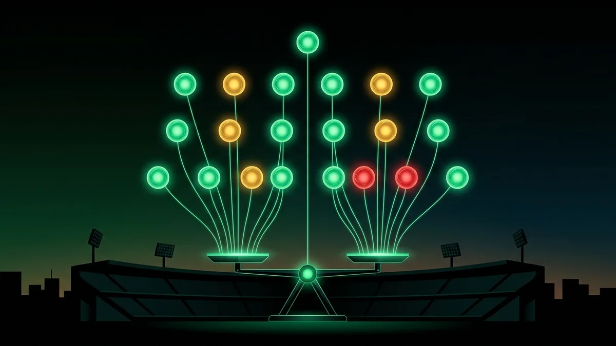 Constellation of twenty glowing orbs over a stadium - most green, some amber, two red - illustrating each Premier League club's squad-cost risk tier.