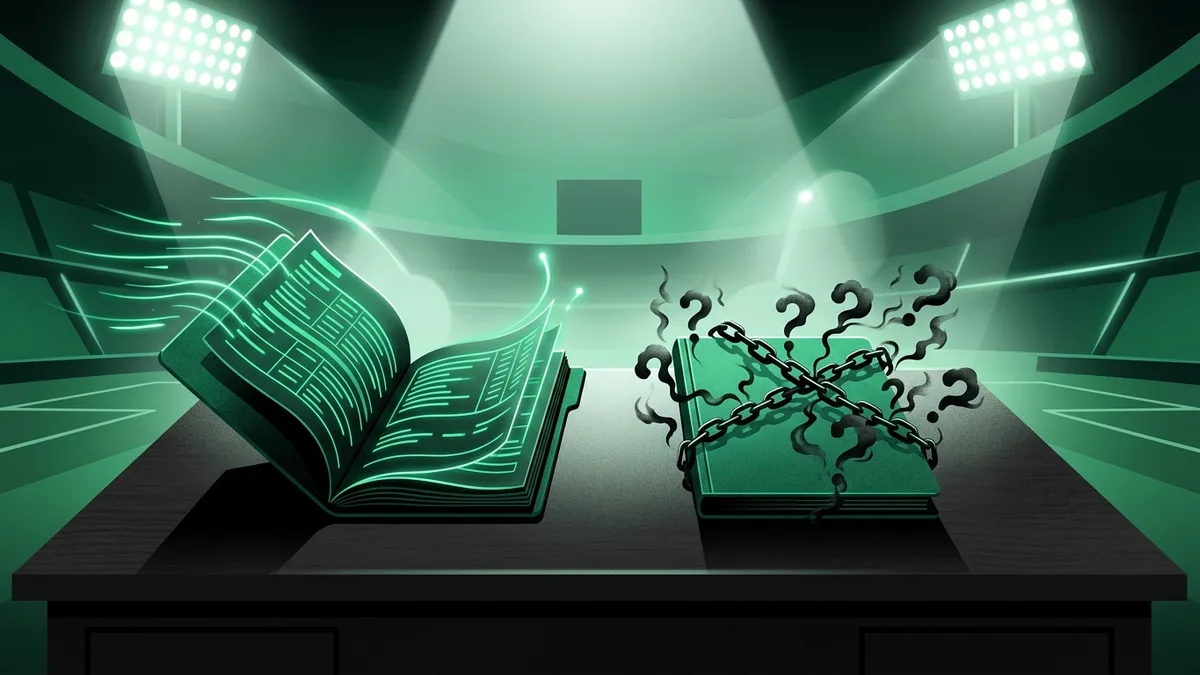 Two transfer folders side by side, one open with glowing ledger lines and one sealed in question-mark smoke, illustrating known versus undisclosed transfer fees.