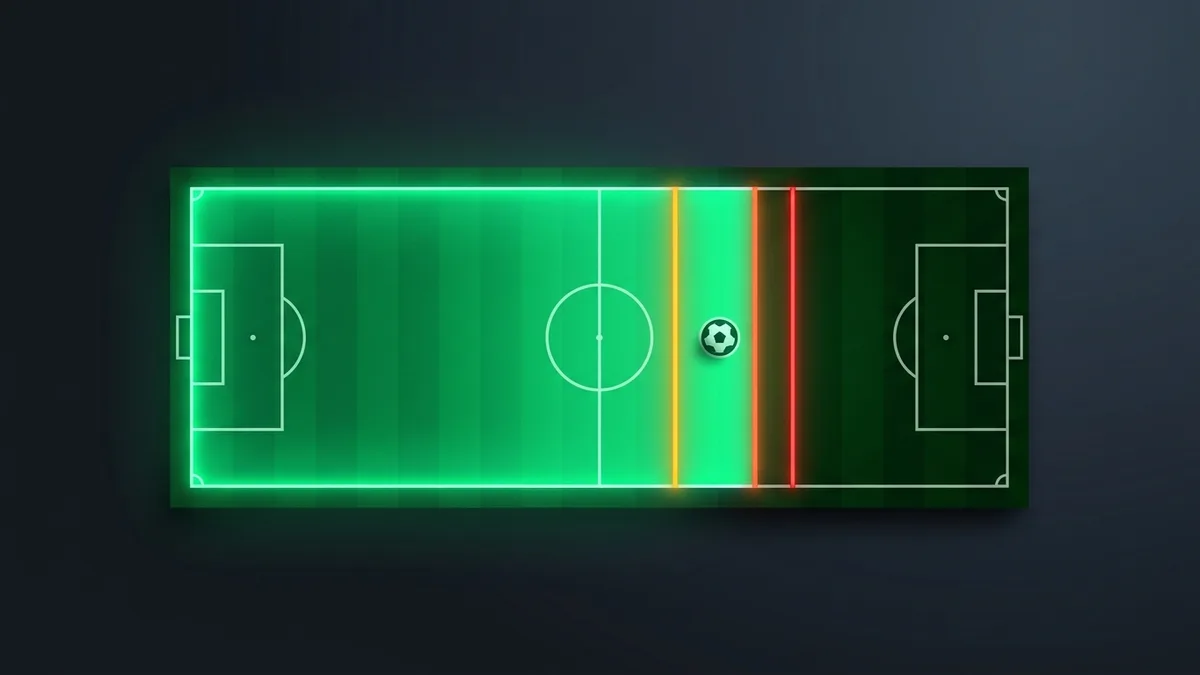 Gauge built from a football pitch filling with green light towards an amber levy line and a red points-deduction line, illustrating the 85% and 115% squad-cost thresholds.