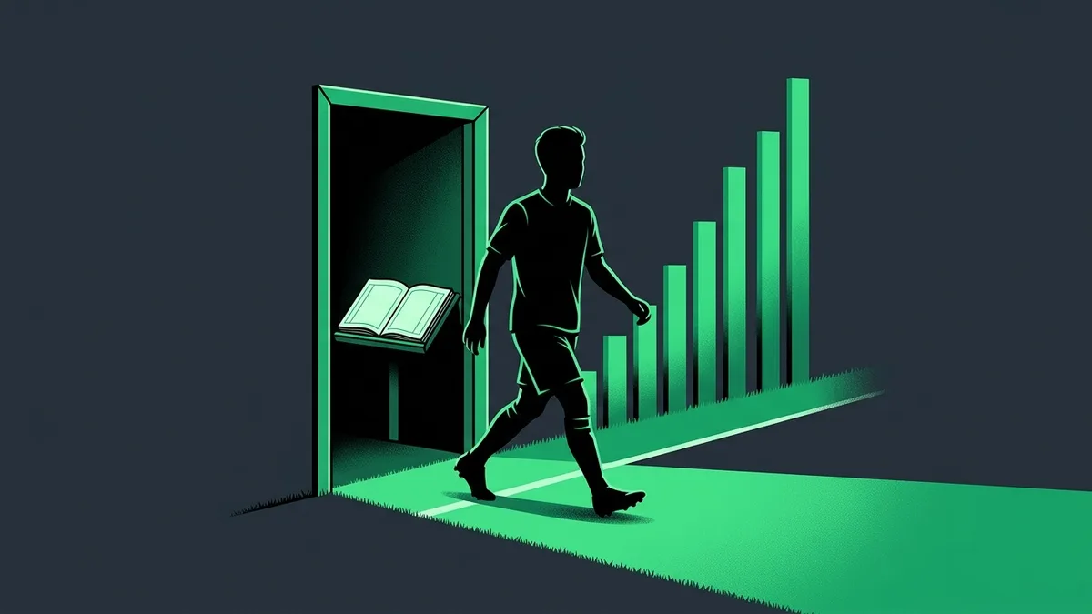 Silhouette of a young academy player stepping onto a pitch beside an empty ledger and a rising green bar chart, illustrating academy sales as pure accounting profit.